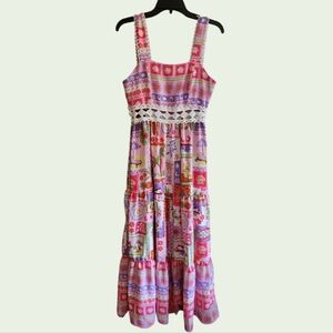 No Comment Bohemian Pink Maxi Dress with Lace Detail Tiered Skirt